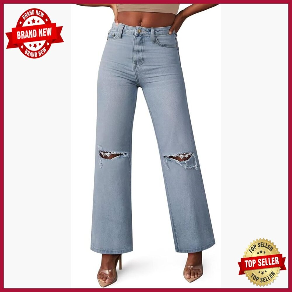 High Waisted Straight Leg Jeans Cropped Raw Hem Stretch Wide Leg